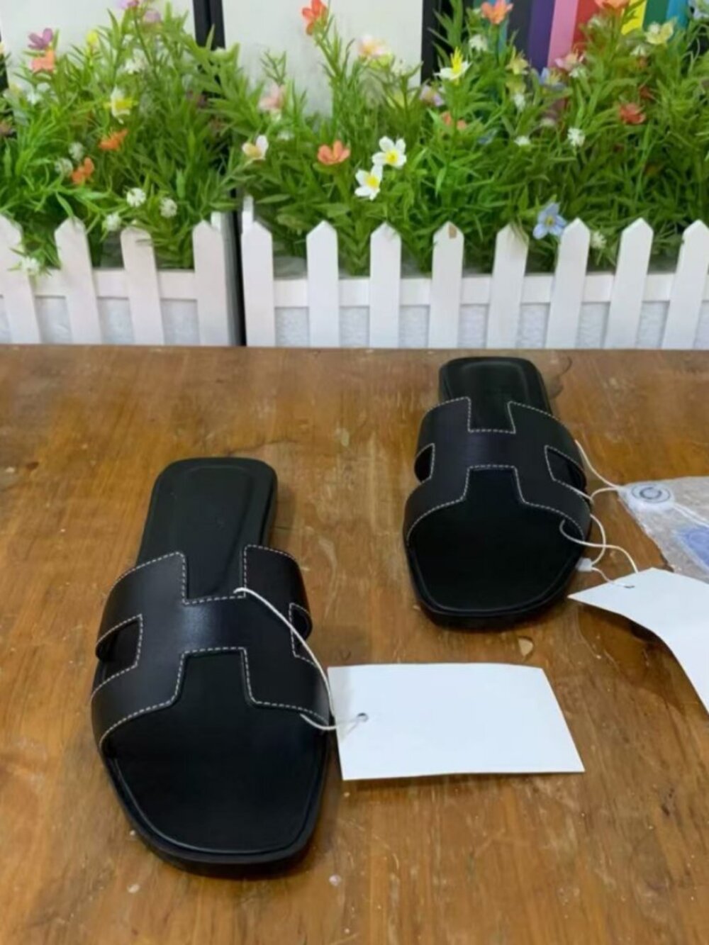 Hermes Oran Black Calfskin H Slides